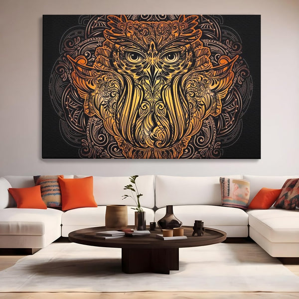 Leinwand Wandbilder Premium, LuxCanva® M1035, Ornamentale Symmetrie, Sonnenuntergang, Eule, Totem, Stammeswesen, Vogel, Weisheit, Nacht, Mandala, Büro, Wohnzimmer, Kinderzimmer