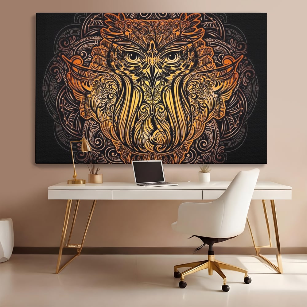 Leinwand Wandbilder Premium, LuxCanva® M1035, Ornamentale Symmetrie, Sonnenuntergang, Eule, Totem, Stammeswesen, Vogel, Weisheit, Nacht, Mandala, Büro, Wohnzimmer, Kinderzimmer