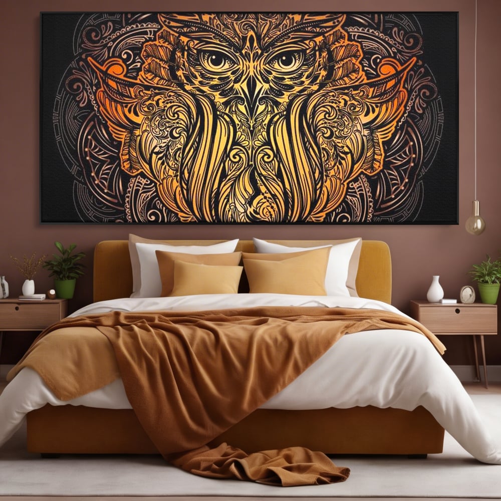 Leinwand Wandbilder Premium, LuxCanva® M1035, Ornamentale Symmetrie, Sonnenuntergang, Eule, Totem, Stammeswesen, Vogel, Weisheit, Nacht, Mandala, Büro, Wohnzimmer, Kinderzimmer