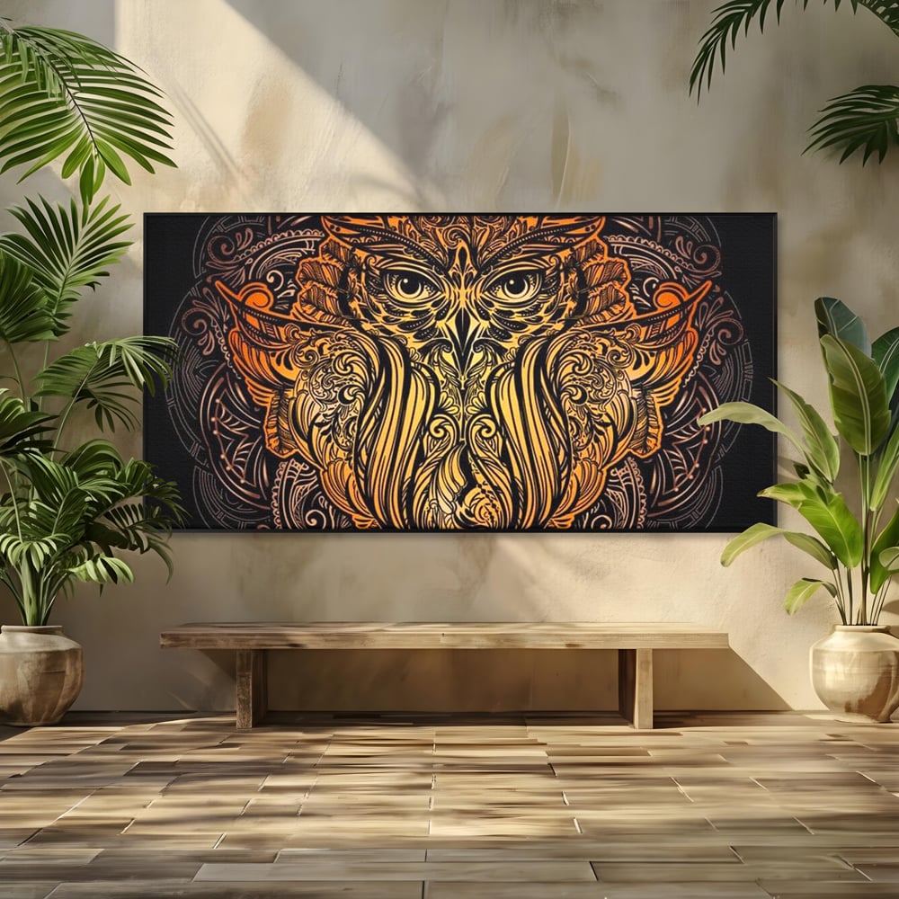 Leinwand Wandbilder Premium, LuxCanva® M1035, Ornamentale Symmetrie, Sonnenuntergang, Eule, Totem, Stammeswesen, Vogel, Weisheit, Nacht, Mandala, Büro, Wohnzimmer, Kinderzimmer