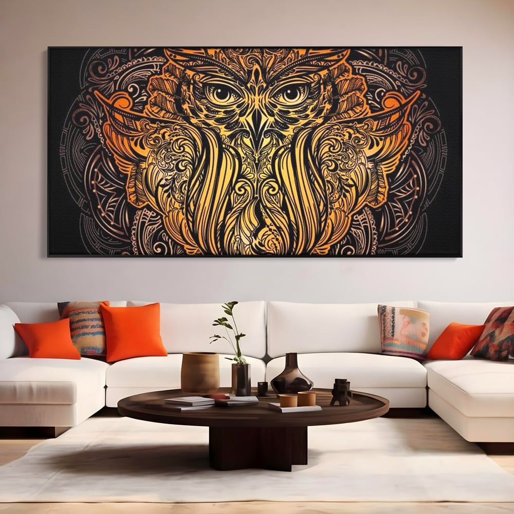 Leinwand Wandbilder Premium, LuxCanva® M1035, Ornamentale Symmetrie, Sonnenuntergang, Eule, Totem, Stammeswesen, Vogel, Weisheit, Nacht, Mandala, Büro, Wohnzimmer, Kinderzimmer