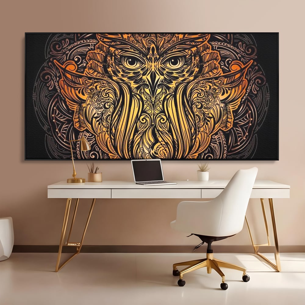 Leinwand Wandbilder Premium, LuxCanva® M1035, Ornamentale Symmetrie, Sonnenuntergang, Eule, Totem, Stammeswesen, Vogel, Weisheit, Nacht, Mandala, Büro, Wohnzimmer, Kinderzimmer