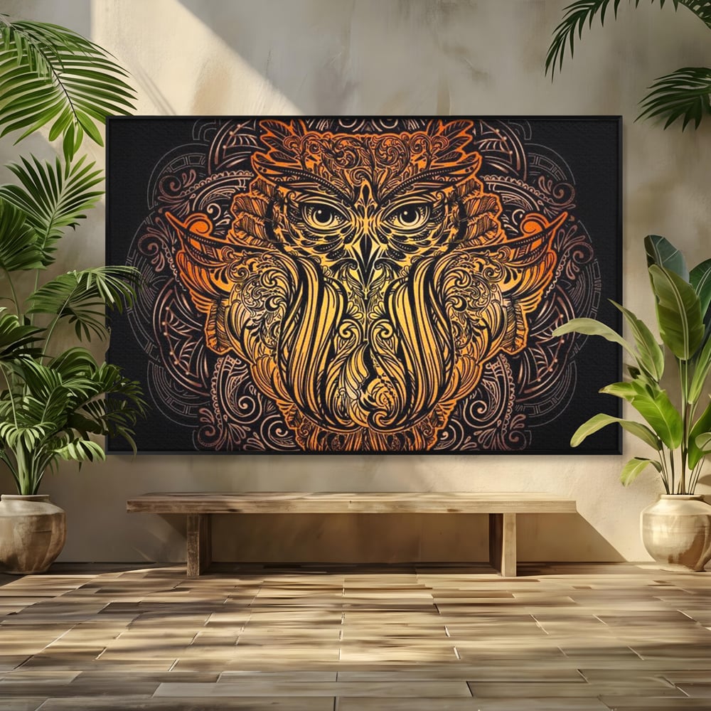 Leinwand Wandbilder Premium, LuxCanva® M1035, Ornamentale Symmetrie, Sonnenuntergang, Eule, Totem, Stammeswesen, Vogel, Weisheit, Nacht, Mandala, Büro, Wohnzimmer, Kinderzimmer