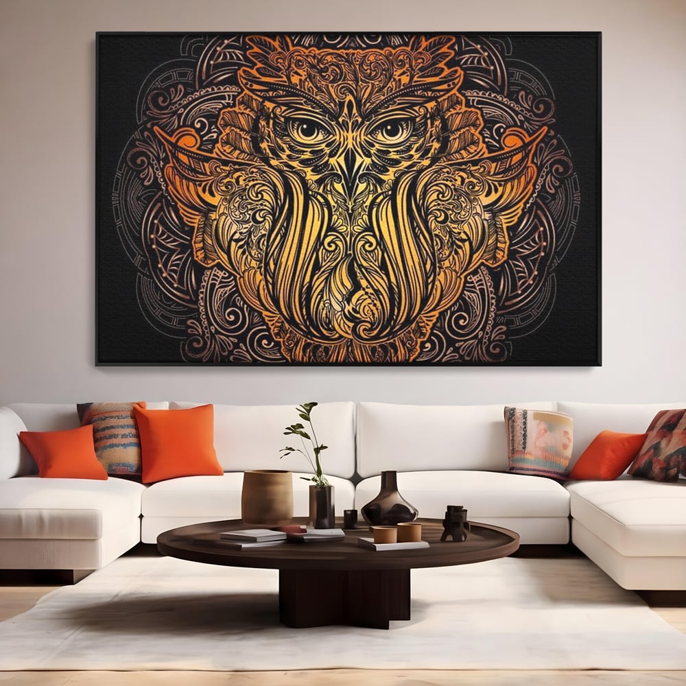 Leinwand Wandbilder Premium, LuxCanva® M1035, Ornamentale Symmetrie, Sonnenuntergang, Eule, Totem, Stammeswesen, Vogel, Weisheit, Nacht, Mandala, Büro, Wohnzimmer, Kinderzimmer