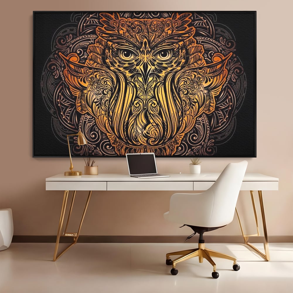 Leinwand Wandbilder Premium, LuxCanva® M1035, Ornamentale Symmetrie, Sonnenuntergang, Eule, Totem, Stammeswesen, Vogel, Weisheit, Nacht, Mandala, Büro, Wohnzimmer, Kinderzimmer