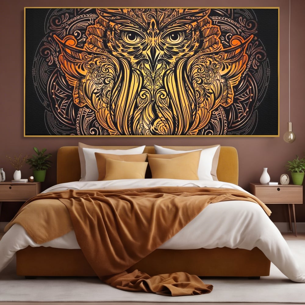 Leinwand Wandbilder Premium, LuxCanva® M1035, Ornamentale Symmetrie, Sonnenuntergang, Eule, Totem, Stammeswesen, Vogel, Weisheit, Nacht, Mandala, Büro, Wohnzimmer, Kinderzimmer