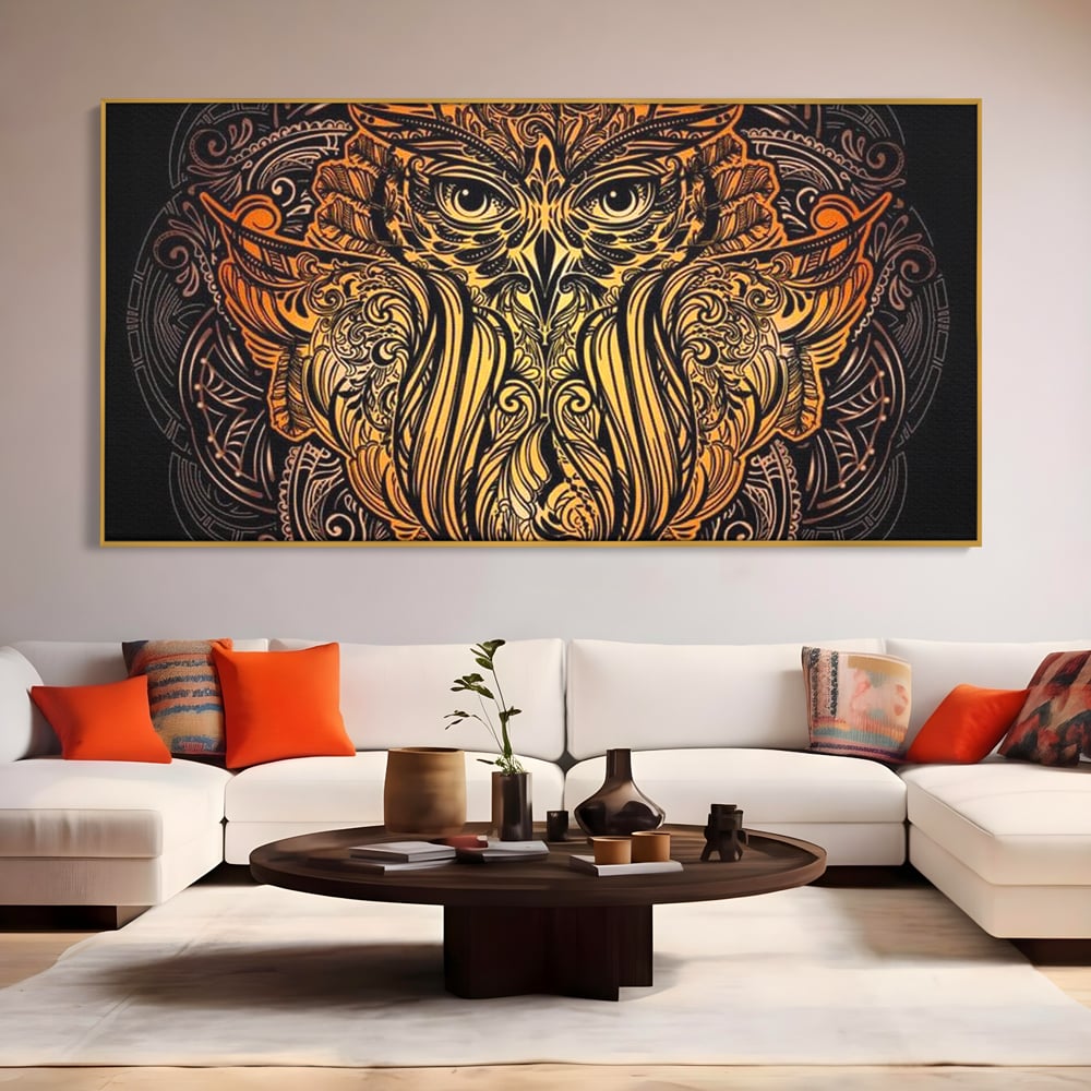 Leinwand Wandbilder Premium, LuxCanva® M1035, Ornamentale Symmetrie, Sonnenuntergang, Eule, Totem, Stammeswesen, Vogel, Weisheit, Nacht, Mandala, Büro, Wohnzimmer, Kinderzimmer