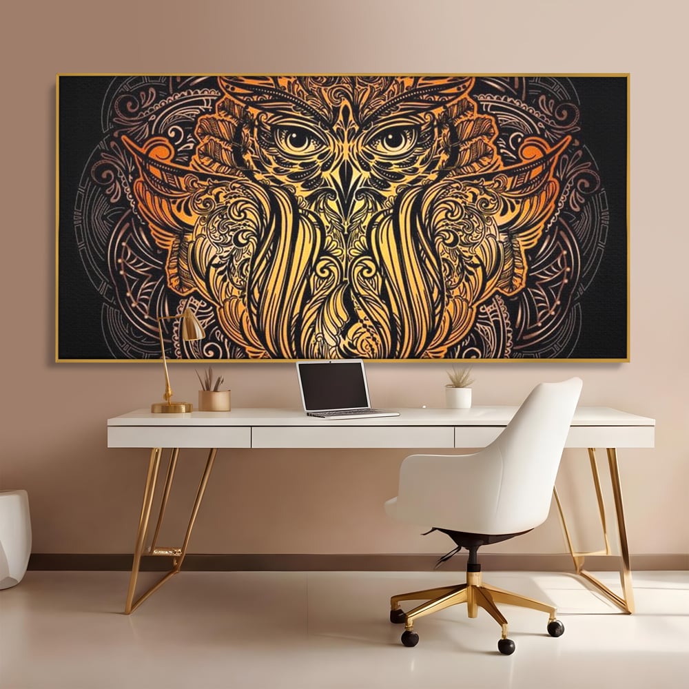 Leinwand Wandbilder Premium, LuxCanva® M1035, Ornamentale Symmetrie, Sonnenuntergang, Eule, Totem, Stammeswesen, Vogel, Weisheit, Nacht, Mandala, Büro, Wohnzimmer, Kinderzimmer