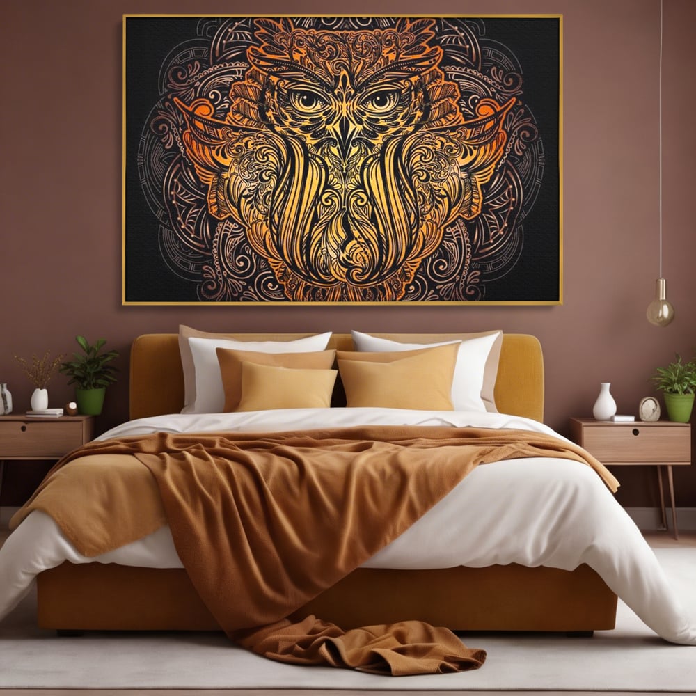 Leinwand Wandbilder Premium, LuxCanva® M1035, Ornamentale Symmetrie, Sonnenuntergang, Eule, Totem, Stammeswesen, Vogel, Weisheit, Nacht, Mandala, Büro, Wohnzimmer, Kinderzimmer