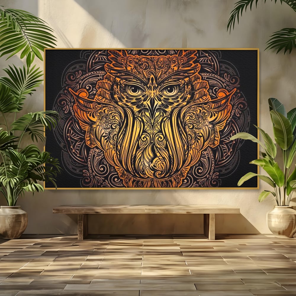 Leinwand Wandbilder Premium, LuxCanva® M1035, Ornamentale Symmetrie, Sonnenuntergang, Eule, Totem, Stammeswesen, Vogel, Weisheit, Nacht, Mandala, Büro, Wohnzimmer, Kinderzimmer