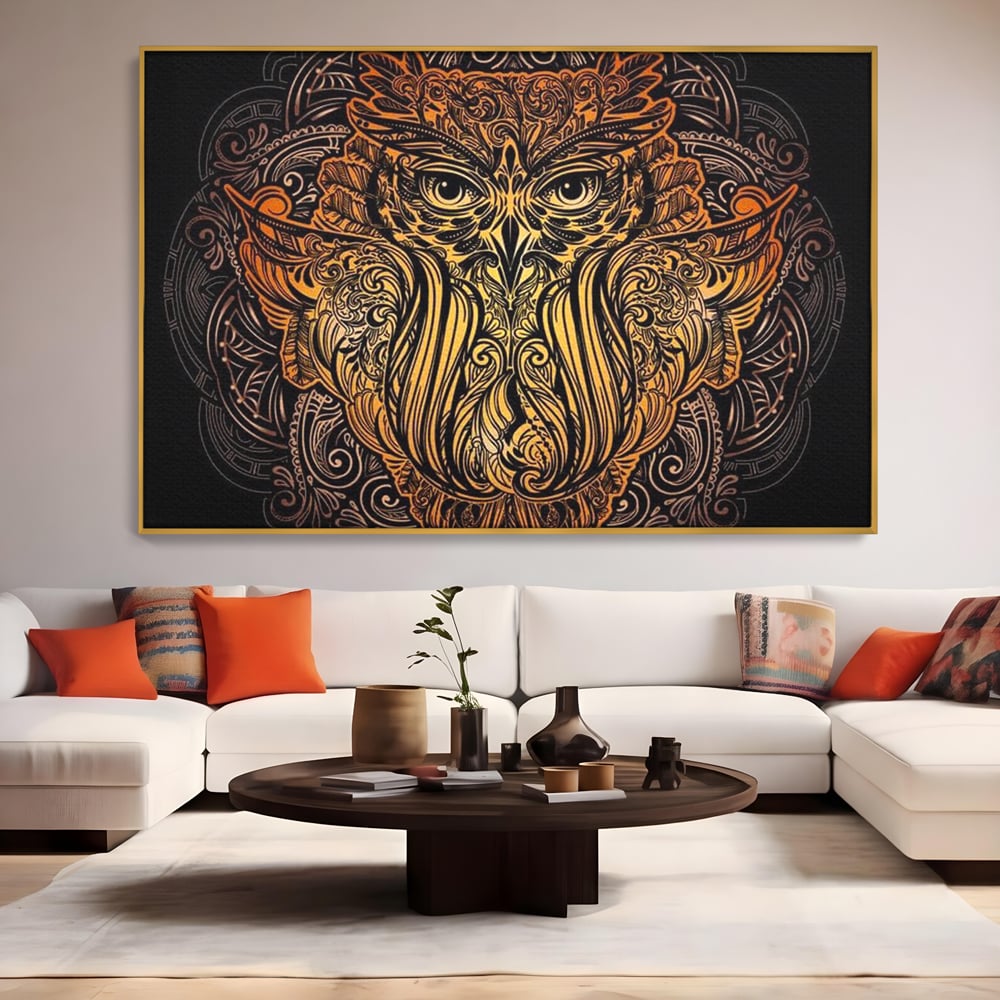 Leinwand Wandbilder Premium, LuxCanva® M1035, Ornamentale Symmetrie, Sonnenuntergang, Eule, Totem, Stammeswesen, Vogel, Weisheit, Nacht, Mandala, Büro, Wohnzimmer, Kinderzimmer