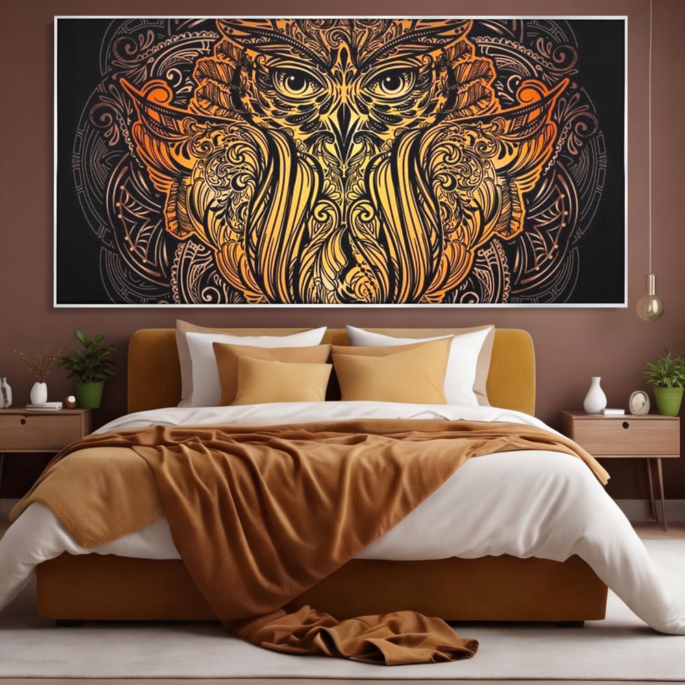 Leinwand Wandbilder Premium, LuxCanva® M1035, Ornamentale Symmetrie, Sonnenuntergang, Eule, Totem, Stammeswesen, Vogel, Weisheit, Nacht, Mandala, Büro, Wohnzimmer, Kinderzimmer