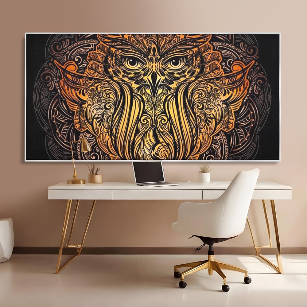 Leinwand Wandbilder Premium, LuxCanva® M1035, Ornamentale Symmetrie, Sonnenuntergang, Eule, Totem, Stammeswesen, Vogel, Weisheit, Nacht, Mandala, Büro, Wohnzimmer, Kinderzimmer