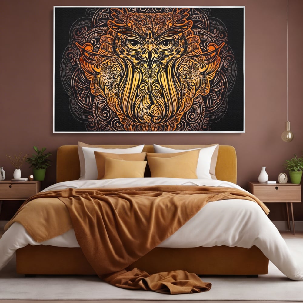 Leinwand Wandbilder Premium, LuxCanva® M1035, Ornamentale Symmetrie, Sonnenuntergang, Eule, Totem, Stammeswesen, Vogel, Weisheit, Nacht, Mandala, Büro, Wohnzimmer, Kinderzimmer