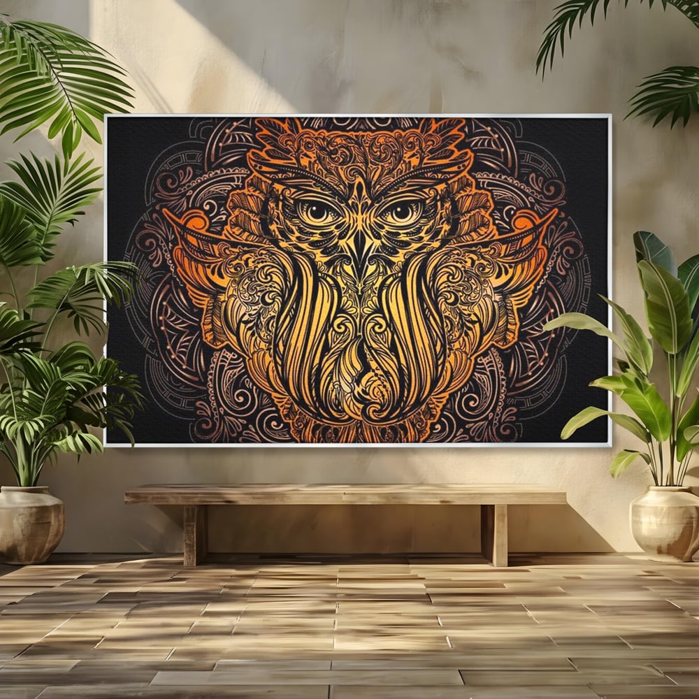 Leinwand Wandbilder Premium, LuxCanva® M1035, Ornamentale Symmetrie, Sonnenuntergang, Eule, Totem, Stammeswesen, Vogel, Weisheit, Nacht, Mandala, Büro, Wohnzimmer, Kinderzimmer