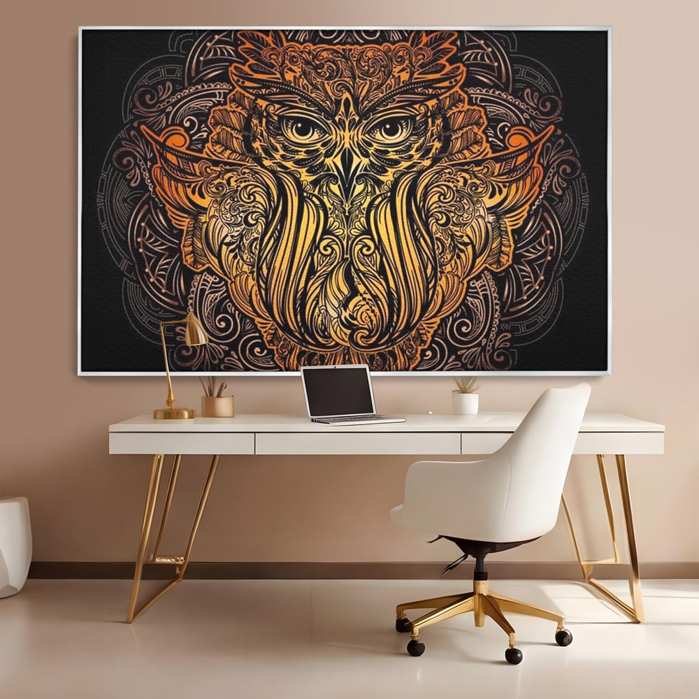 Leinwand Wandbilder Premium, LuxCanva® M1035, Ornamentale Symmetrie, Sonnenuntergang, Eule, Totem, Stammeswesen, Vogel, Weisheit, Nacht, Mandala, Büro, Wohnzimmer, Kinderzimmer