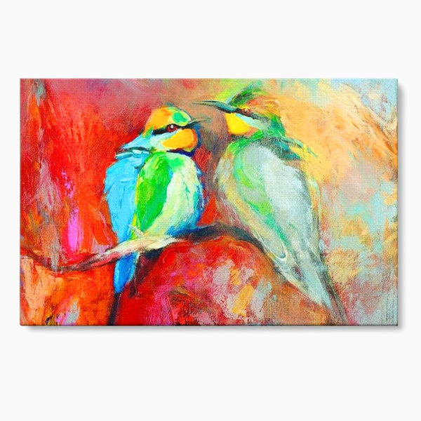 Tablou Canvas Premium, LuxCanva® M1036, Prietenie in Acuarela, Pasari, Prietenie, Pictura, Ramura, Contrast, Culoare, Caldura, Exotic, Natura, Birou, Living, Camera Copil