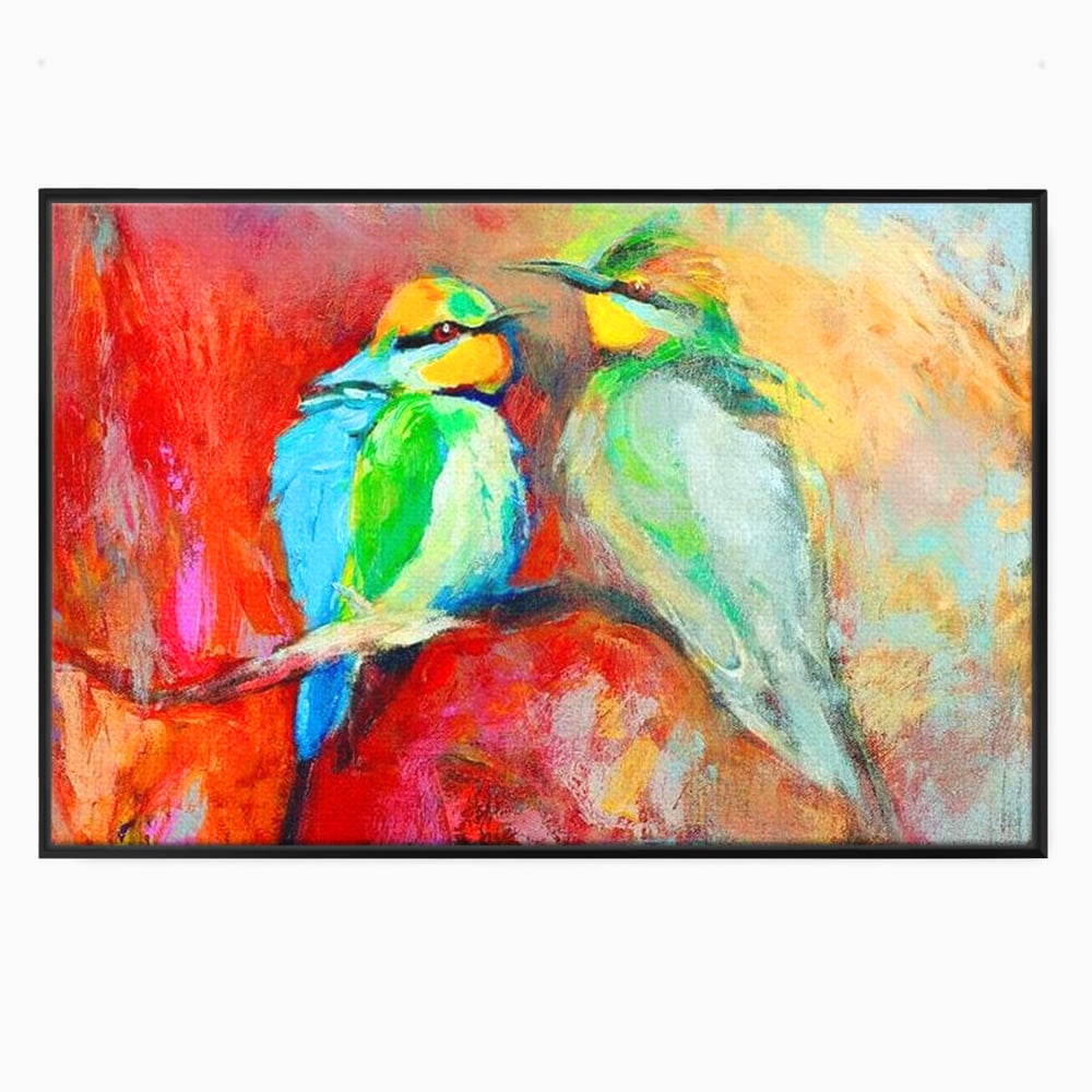Tablou Canvas Premium, LuxCanva® M1036, Prietenie in Acuarela, Pasari, Prietenie, Pictura, Ramura, Contrast, Culoare, Caldura, Exotic, Natura, Birou, Living, Camera Copil