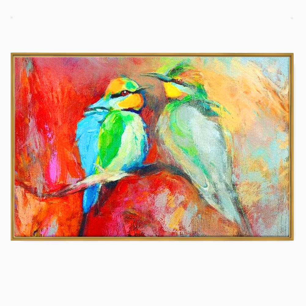 Tablou Canvas Premium, LuxCanva® M1036, Prietenie in Acuarela, Pasari, Prietenie, Pictura, Ramura, Contrast, Culoare, Caldura, Exotic, Natura, Birou, Living, Camera Copil
