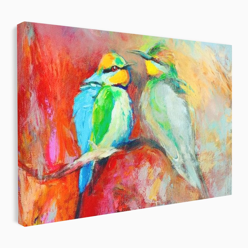 Tablou Canvas Premium, LuxCanva® M1036, Prietenie in Acuarela, Pasari, Prietenie, Pictura, Ramura, Contrast, Culoare, Caldura, Exotic, Natura, Birou, Living, Camera Copil