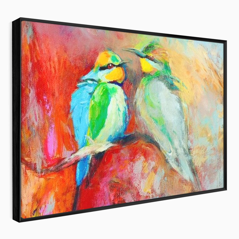 Tablou Canvas Premium, LuxCanva® M1036, Prietenie in Acuarela, Pasari, Prietenie, Pictura, Ramura, Contrast, Culoare, Caldura, Exotic, Natura, Birou, Living, Camera Copil