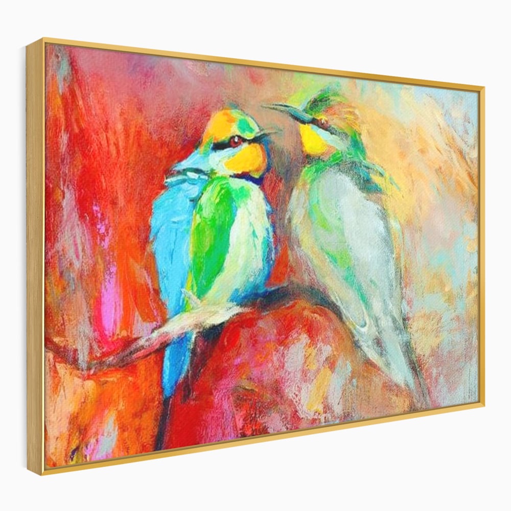 Tablou Canvas Premium, LuxCanva® M1036, Prietenie in Acuarela, Pasari, Prietenie, Pictura, Ramura, Contrast, Culoare, Caldura, Exotic, Natura, Birou, Living, Camera Copil