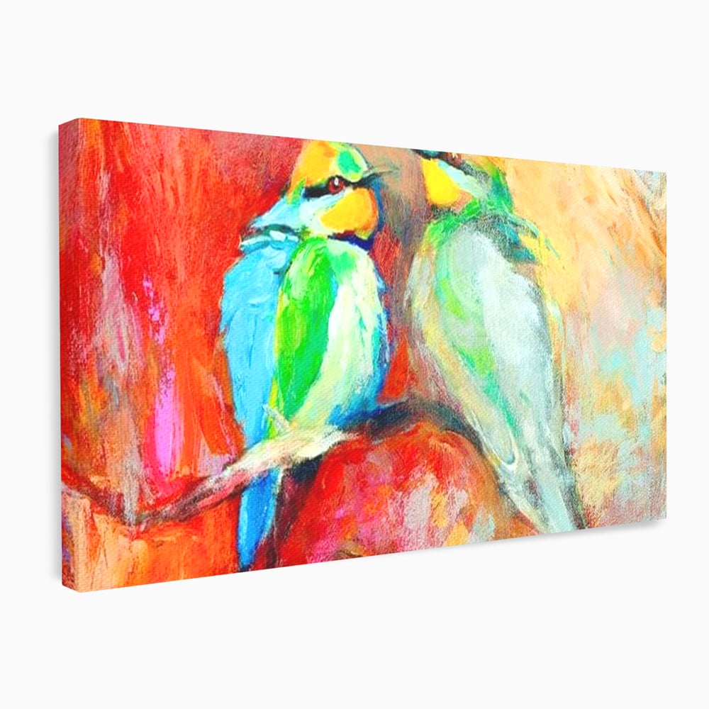Tablou Canvas Premium, LuxCanva® M1036, Prietenie in Acuarela, Pasari, Prietenie, Pictura, Ramura, Contrast, Culoare, Caldura, Exotic, Natura, Birou, Living, Camera Copil