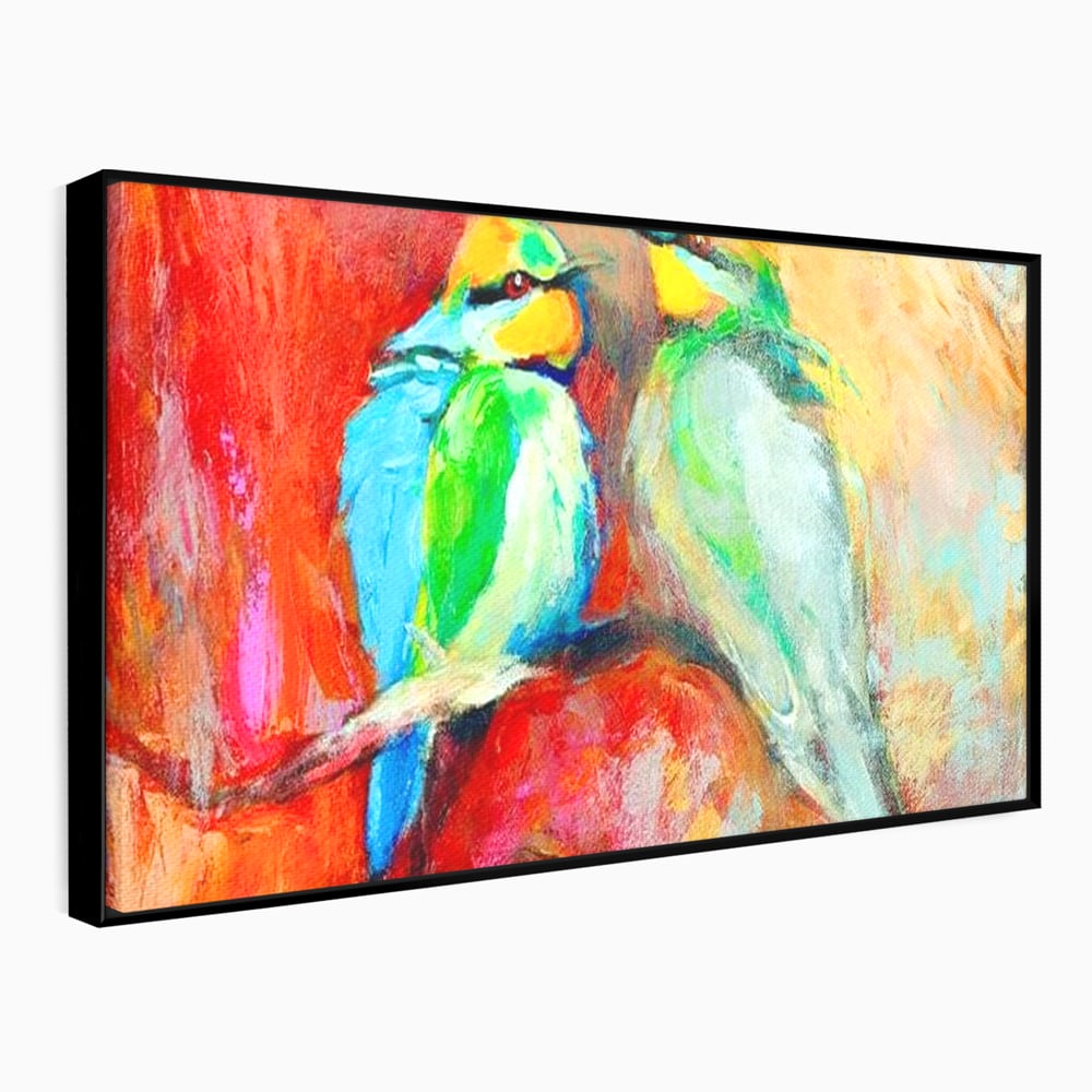 Tablou Canvas Premium, LuxCanva® M1036, Prietenie in Acuarela, Pasari, Prietenie, Pictura, Ramura, Contrast, Culoare, Caldura, Exotic, Natura, Birou, Living, Camera Copil