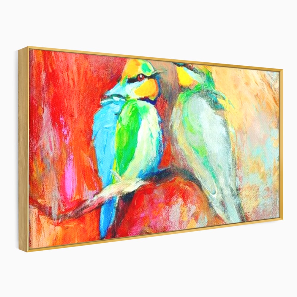 Tablou Canvas Premium, LuxCanva® M1036, Prietenie in Acuarela, Pasari, Prietenie, Pictura, Ramura, Contrast, Culoare, Caldura, Exotic, Natura, Birou, Living, Camera Copil