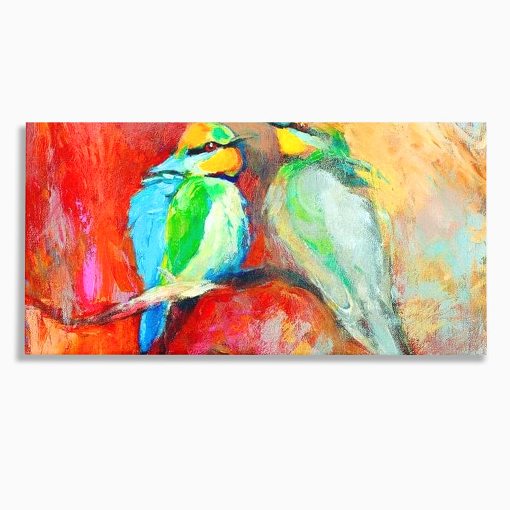 Tablou Canvas Premium, LuxCanva® M1036, Prietenie in Acuarela, Pasari, Prietenie, Pictura, Ramura, Contrast, Culoare, Caldura, Exotic, Natura, Birou, Living, Camera Copil