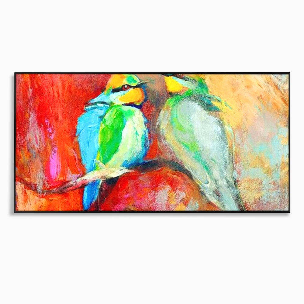 Tablou Canvas Premium, LuxCanva® M1036, Prietenie in Acuarela, Pasari, Prietenie, Pictura, Ramura, Contrast, Culoare, Caldura, Exotic, Natura, Birou, Living, Camera Copil