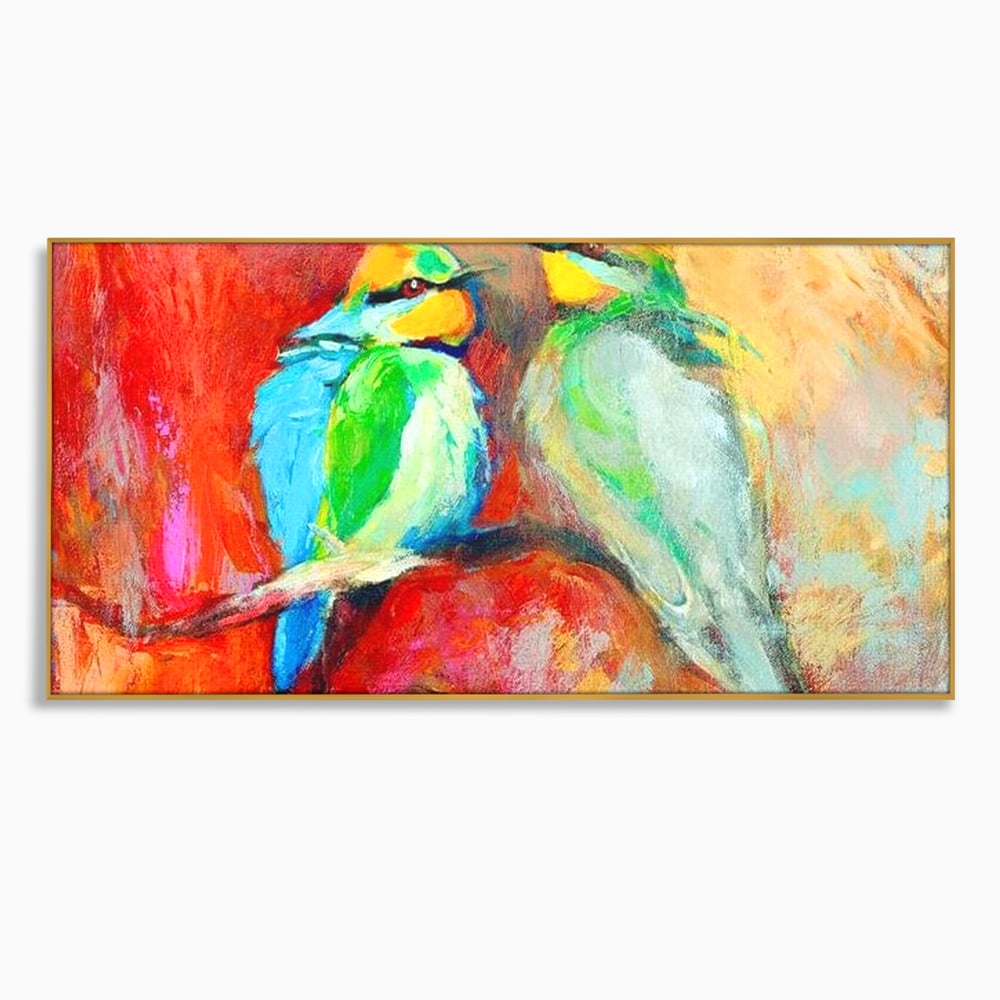 Tablou Canvas Premium, LuxCanva® M1036, Prietenie in Acuarela, Pasari, Prietenie, Pictura, Ramura, Contrast, Culoare, Caldura, Exotic, Natura, Birou, Living, Camera Copil