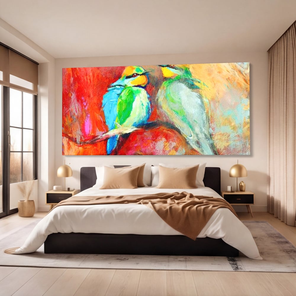 Tablou Canvas Premium, LuxCanva® M1036, Prietenie in Acuarela, Pasari, Prietenie, Pictura, Ramura, Contrast, Culoare, Caldura, Exotic, Natura, Birou, Living, Camera Copil
