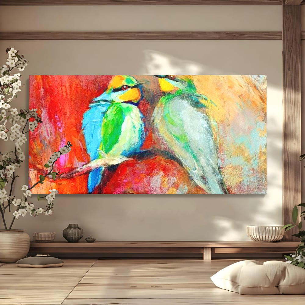 Tablou Canvas Premium, LuxCanva® M1036, Prietenie in Acuarela, Pasari, Prietenie, Pictura, Ramura, Contrast, Culoare, Caldura, Exotic, Natura, Birou, Living, Camera Copil