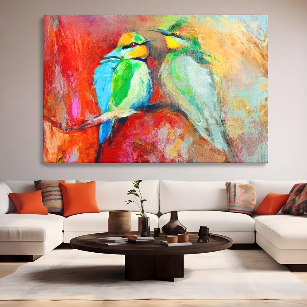Tablou Canvas Premium, LuxCanva® M1036, Prietenie in Acuarela, Pasari, Prietenie, Pictura, Ramura, Contrast, Culoare, Caldura, Exotic, Natura, Birou, Living, Camera Copil