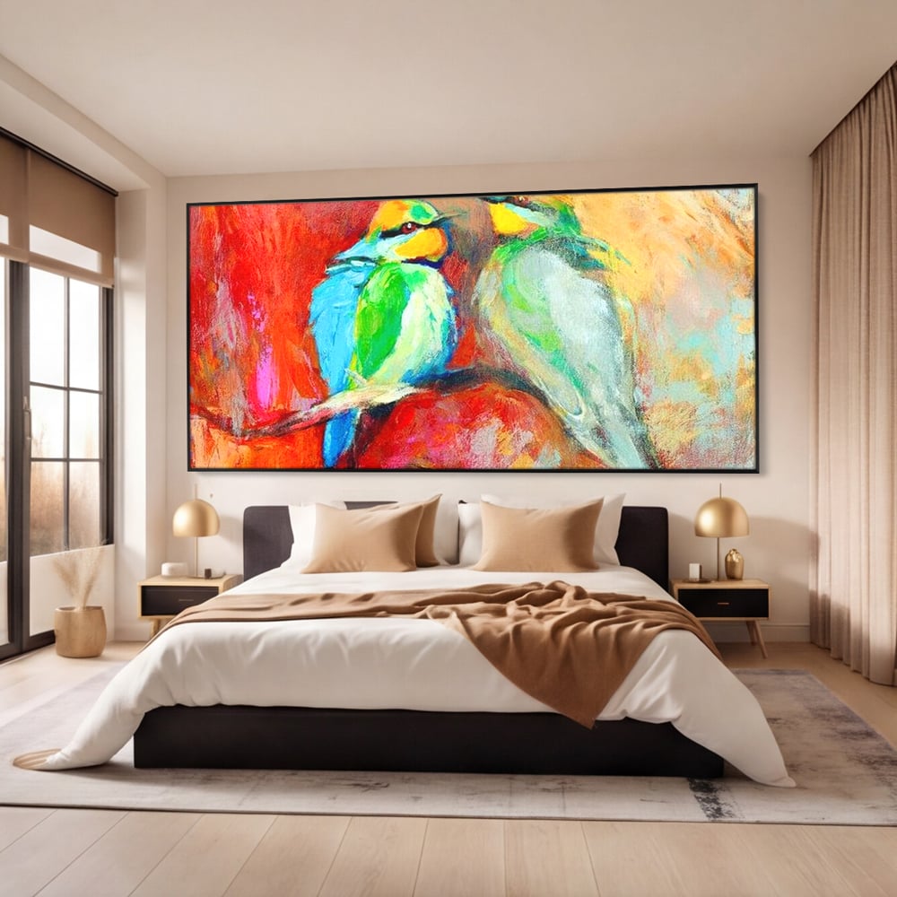 Tablou Canvas Premium, LuxCanva® M1036, Prietenie in Acuarela, Pasari, Prietenie, Pictura, Ramura, Contrast, Culoare, Caldura, Exotic, Natura, Birou, Living, Camera Copil