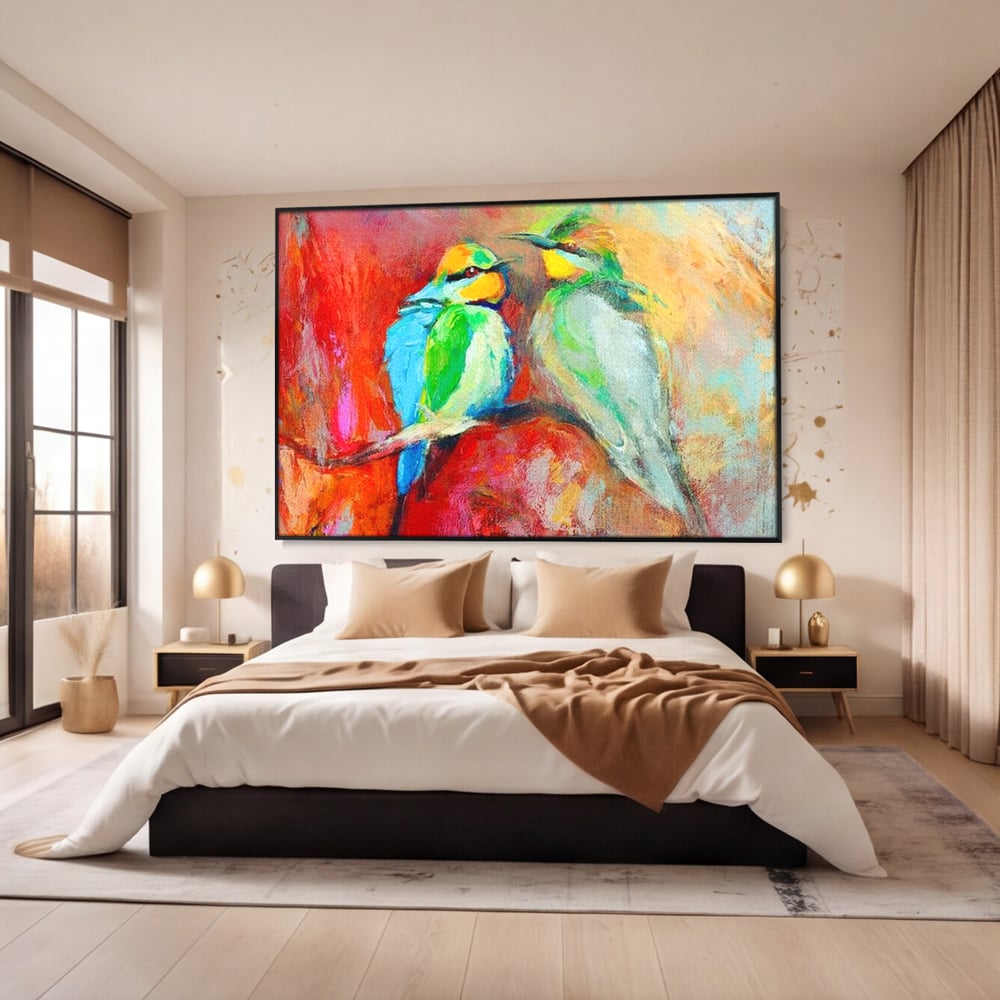 Tablou Canvas Premium, LuxCanva® M1036, Prietenie in Acuarela, Pasari, Prietenie, Pictura, Ramura, Contrast, Culoare, Caldura, Exotic, Natura, Birou, Living, Camera Copil
