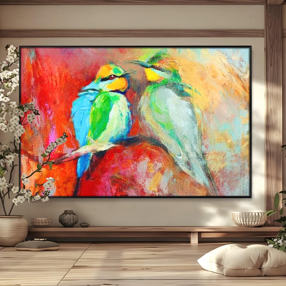 Tablou Canvas Premium, LuxCanva® M1036, Prietenie in Acuarela, Pasari, Prietenie, Pictura, Ramura, Contrast, Culoare, Caldura, Exotic, Natura, Birou, Living, Camera Copil