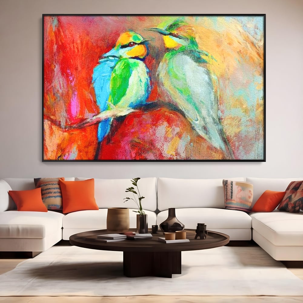 Tablou Canvas Premium, LuxCanva® M1036, Prietenie in Acuarela, Pasari, Prietenie, Pictura, Ramura, Contrast, Culoare, Caldura, Exotic, Natura, Birou, Living, Camera Copil
