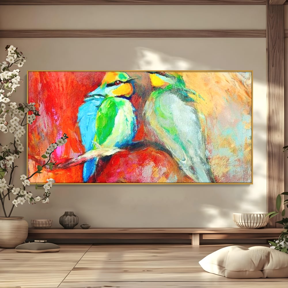 Tablou Canvas Premium, LuxCanva® M1036, Prietenie in Acuarela, Pasari, Prietenie, Pictura, Ramura, Contrast, Culoare, Caldura, Exotic, Natura, Birou, Living, Camera Copil