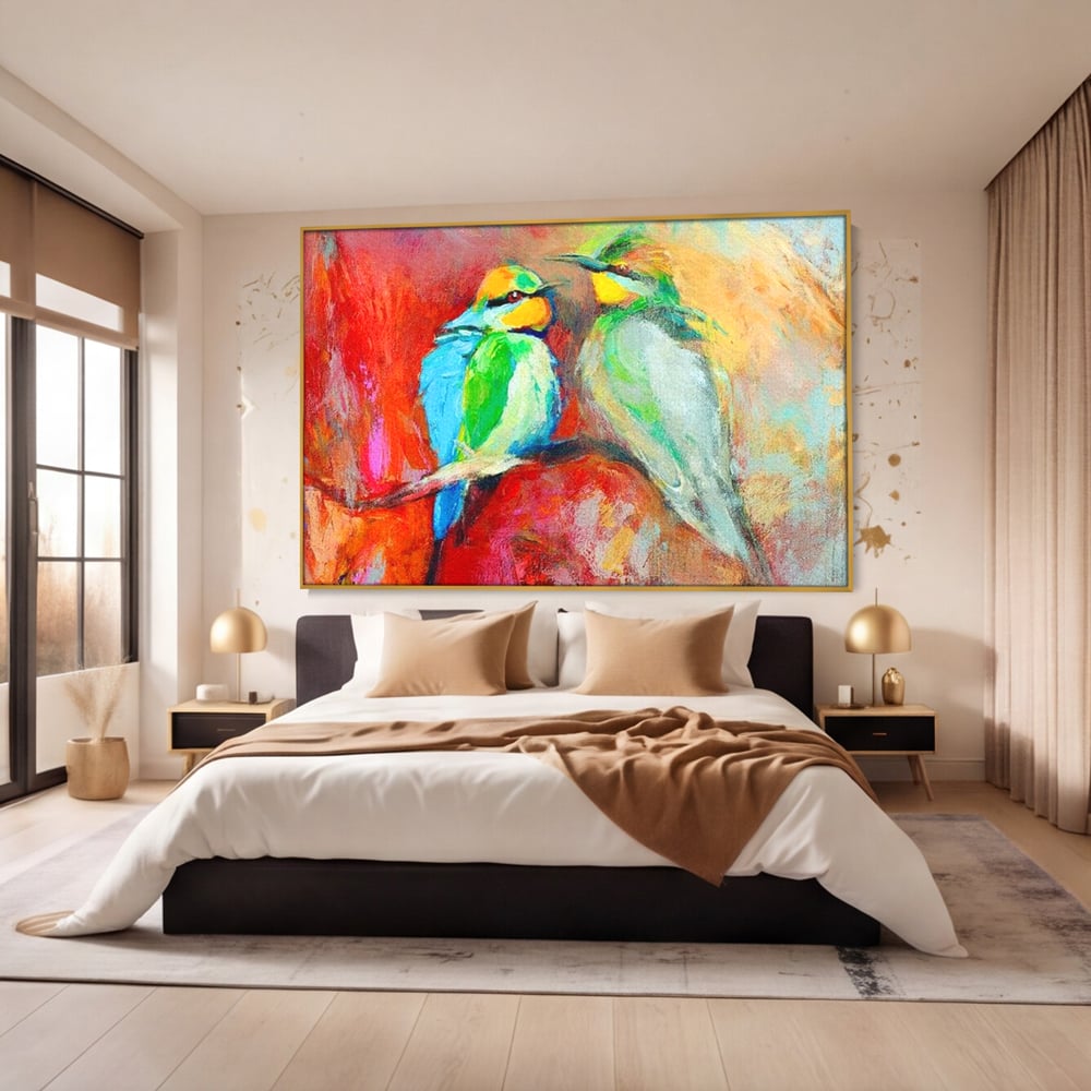 Tablou Canvas Premium, LuxCanva® M1036, Prietenie in Acuarela, Pasari, Prietenie, Pictura, Ramura, Contrast, Culoare, Caldura, Exotic, Natura, Birou, Living, Camera Copil