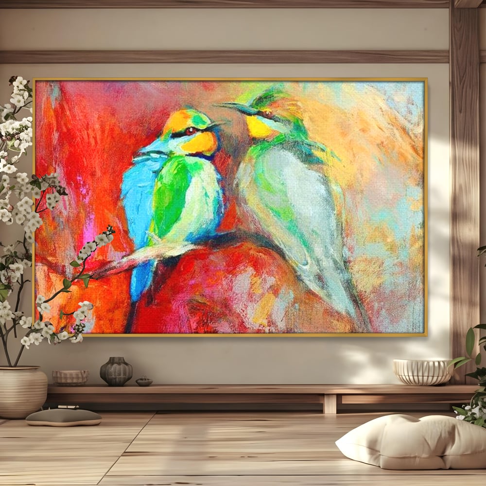 Tablou Canvas Premium, LuxCanva® M1036, Prietenie in Acuarela, Pasari, Prietenie, Pictura, Ramura, Contrast, Culoare, Caldura, Exotic, Natura, Birou, Living, Camera Copil