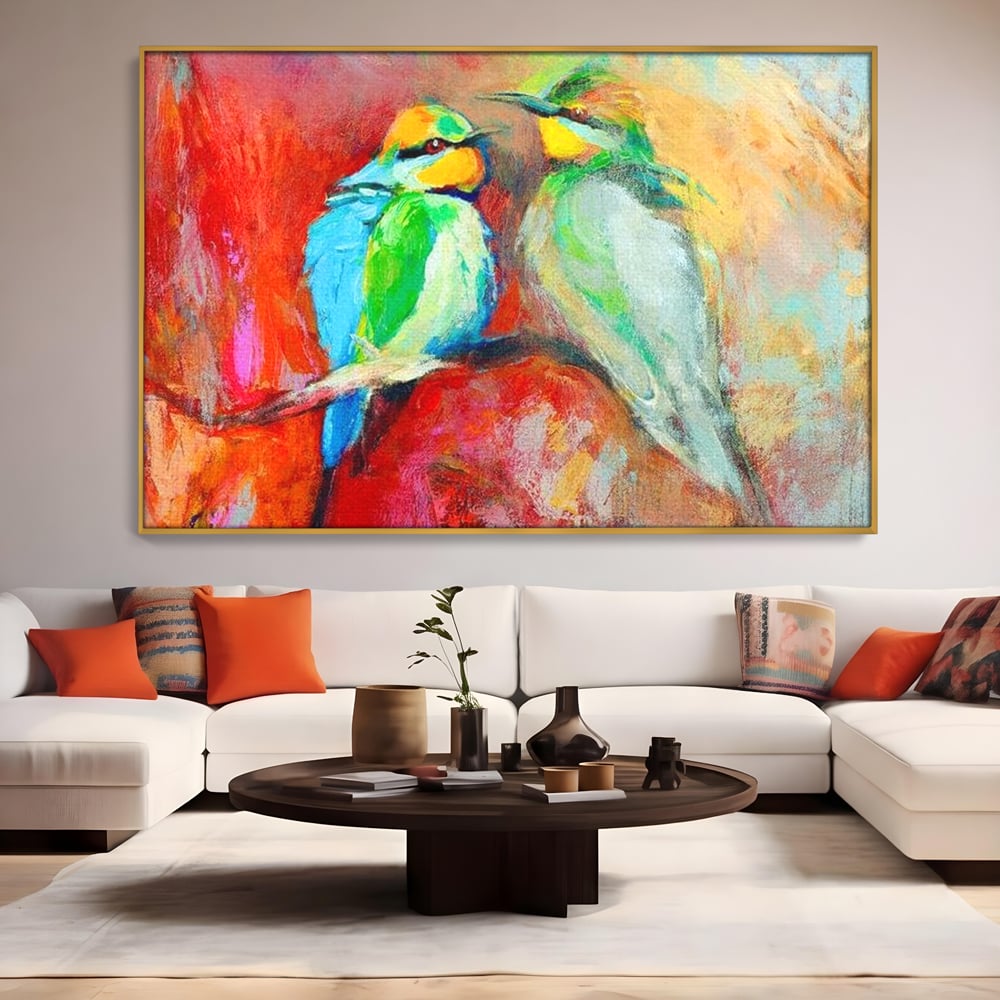 Tablou Canvas Premium, LuxCanva® M1036, Prietenie in Acuarela, Pasari, Prietenie, Pictura, Ramura, Contrast, Culoare, Caldura, Exotic, Natura, Birou, Living, Camera Copil
