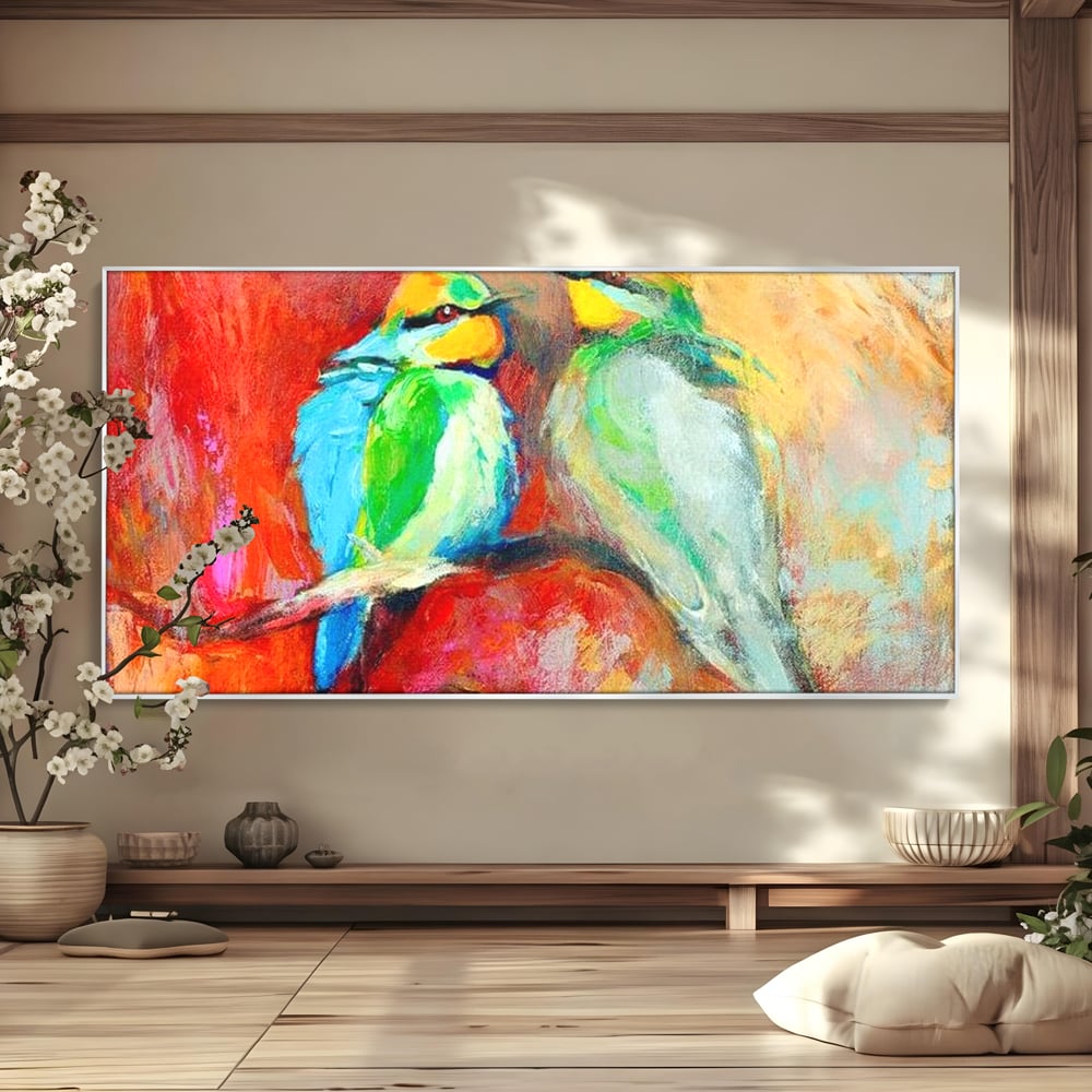 Tablou Canvas Premium, LuxCanva® M1036, Prietenie in Acuarela, Pasari, Prietenie, Pictura, Ramura, Contrast, Culoare, Caldura, Exotic, Natura, Birou, Living, Camera Copil