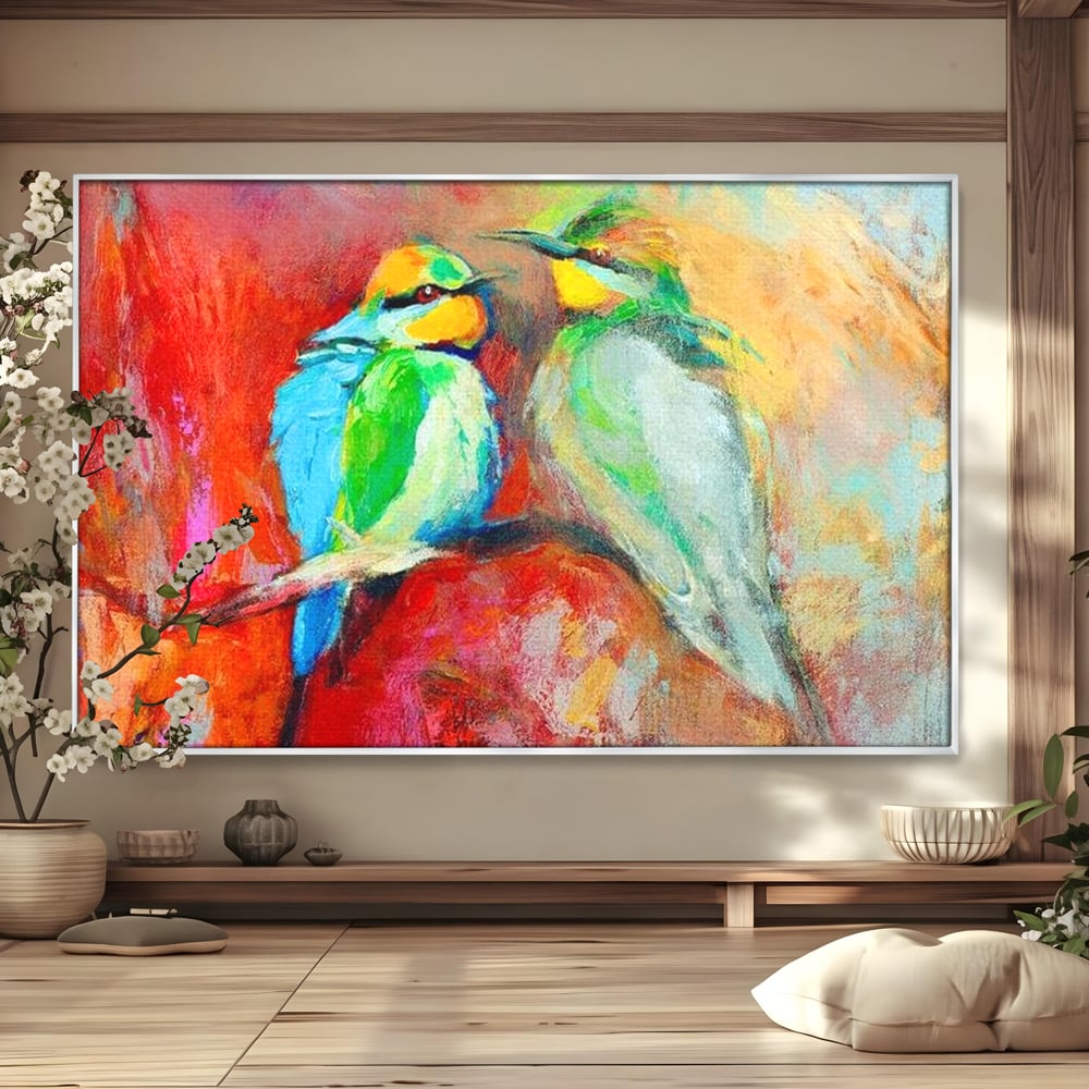 Tablou Canvas Premium, LuxCanva® M1036, Prietenie in Acuarela, Pasari, Prietenie, Pictura, Ramura, Contrast, Culoare, Caldura, Exotic, Natura, Birou, Living, Camera Copil