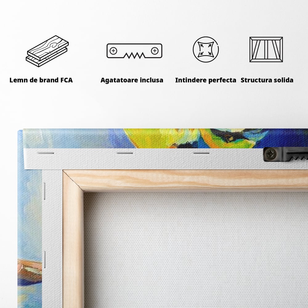 Tablou Canvas Premium, LuxCanva® M1037, Tandrete in Tonuri Reci, Cobalt, Albastru, Pasari, Pereche, Acuarela, Pictura, Creanga, Contrast, Birou, Living, Camera Copil