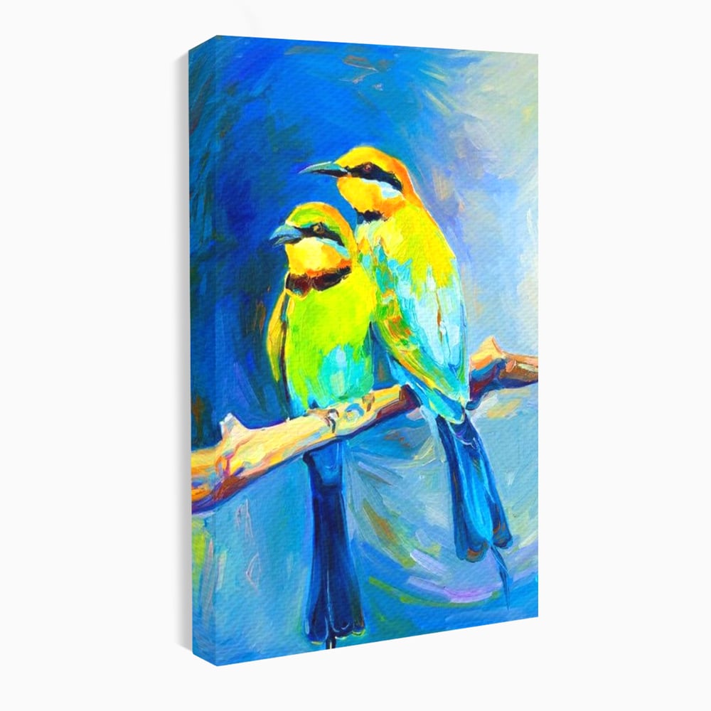 Tablou Canvas Premium, LuxCanva® M1037, Tandrete in Tonuri Reci, Cobalt, Albastru, Pasari, Pereche, Acuarela, Pictura, Creanga, Contrast, Birou, Living, Camera Copil