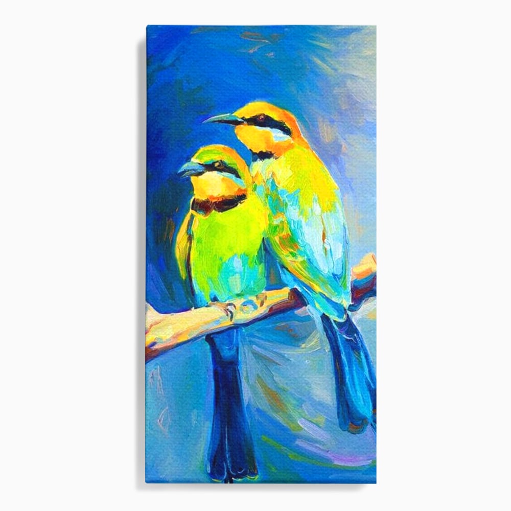 Tablou Canvas Premium, LuxCanva® M1037, Tandrete in Tonuri Reci, Cobalt, Albastru, Pasari, Pereche, Acuarela, Pictura, Creanga, Contrast, Birou, Living, Camera Copil