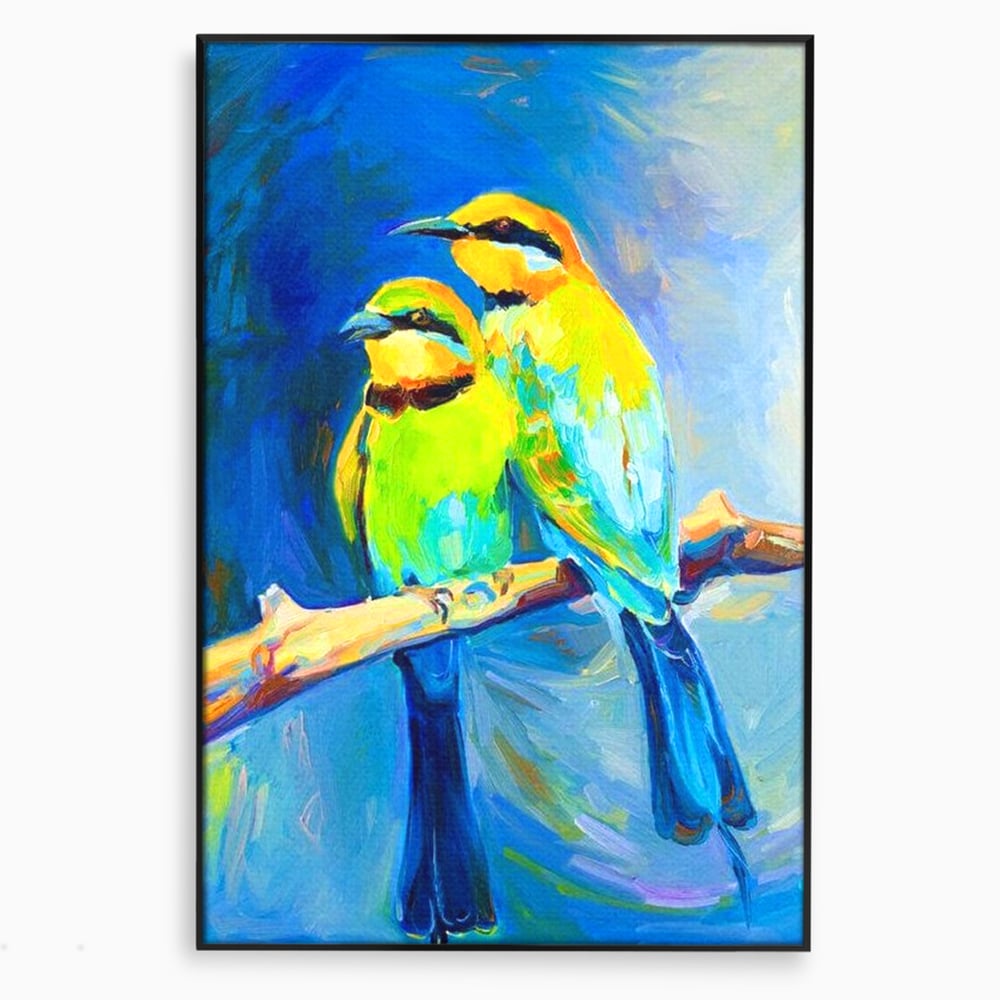 Tablou Canvas Premium, LuxCanva® M1037, Tandrete in Tonuri Reci, Cobalt, Albastru, Pasari, Pereche, Acuarela, Pictura, Creanga, Contrast, Birou, Living, Camera Copil