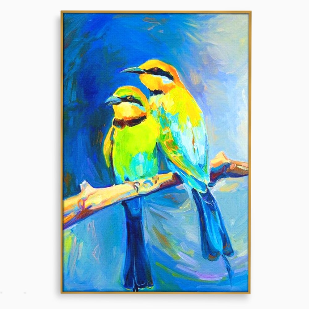Tablou Canvas Premium, LuxCanva® M1037, Tandrete in Tonuri Reci, Cobalt, Albastru, Pasari, Pereche, Acuarela, Pictura, Creanga, Contrast, Birou, Living, Camera Copil